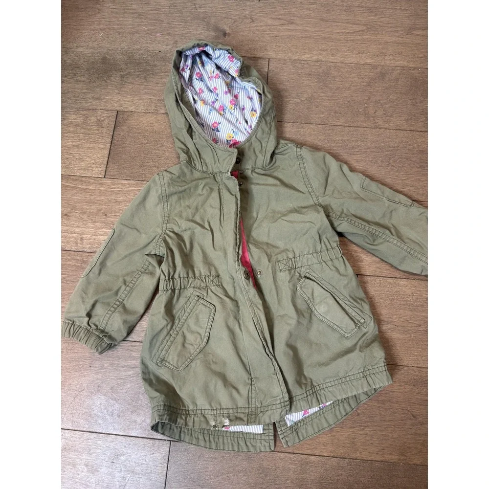 Baby Gap Jacket Girls 2T‎ Olive Green Hooded Anorak Parka Floral Lined Utility